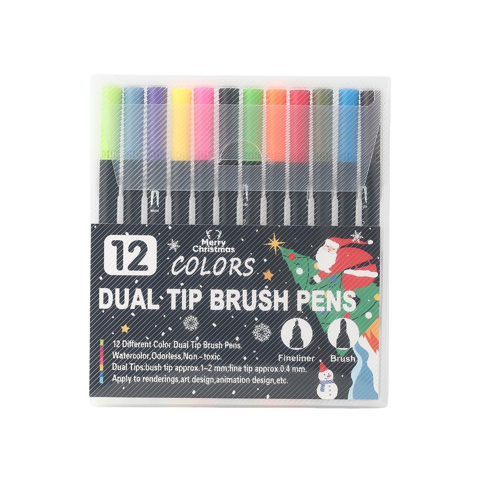 Christmas Edition Double-Ended Watercolor Marker Pen Set, Black Barrel, 12 or 24 Washable Soft Tip Colored Pens