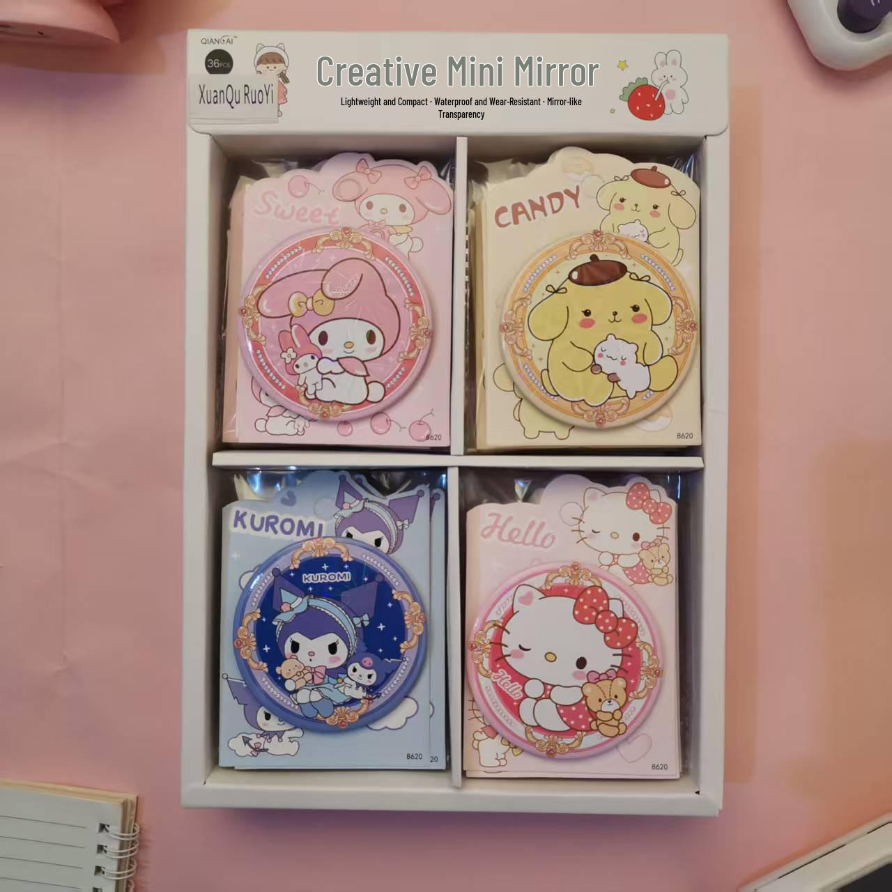 Sanrio Cute Cartoon Mini Round Mirror - Portable, High Appeal for Children & Students, Girly Heart Design