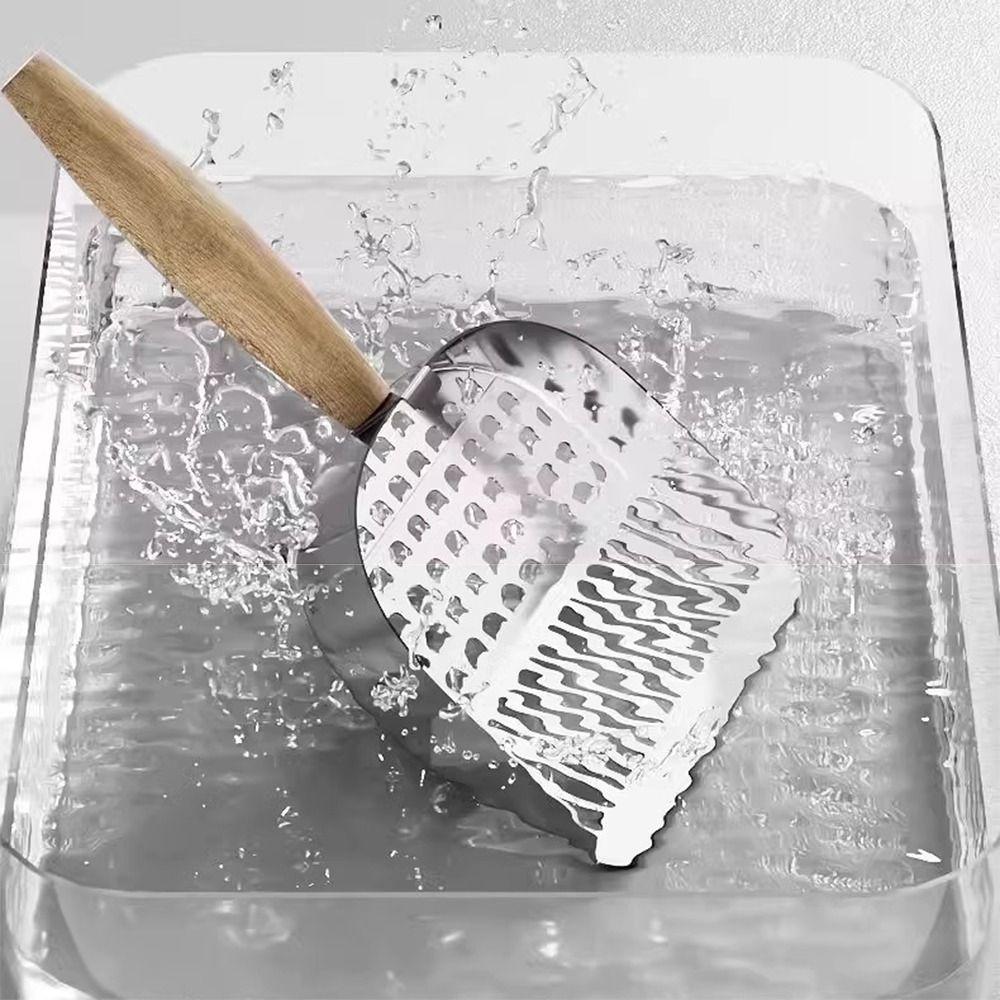 2 In 1 Cat Litter Scoop Wood Handle Stainless Steel Cat Poop Sifting Tool Comfortable Grip Easy To Clean Litter Box Scooper