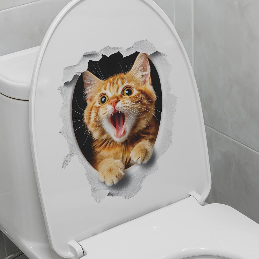 Fierce Cute Cat Breaking Through Wall Toilet Sticker Self-Adhesive Removable Bathroom Funny Home Decor Art