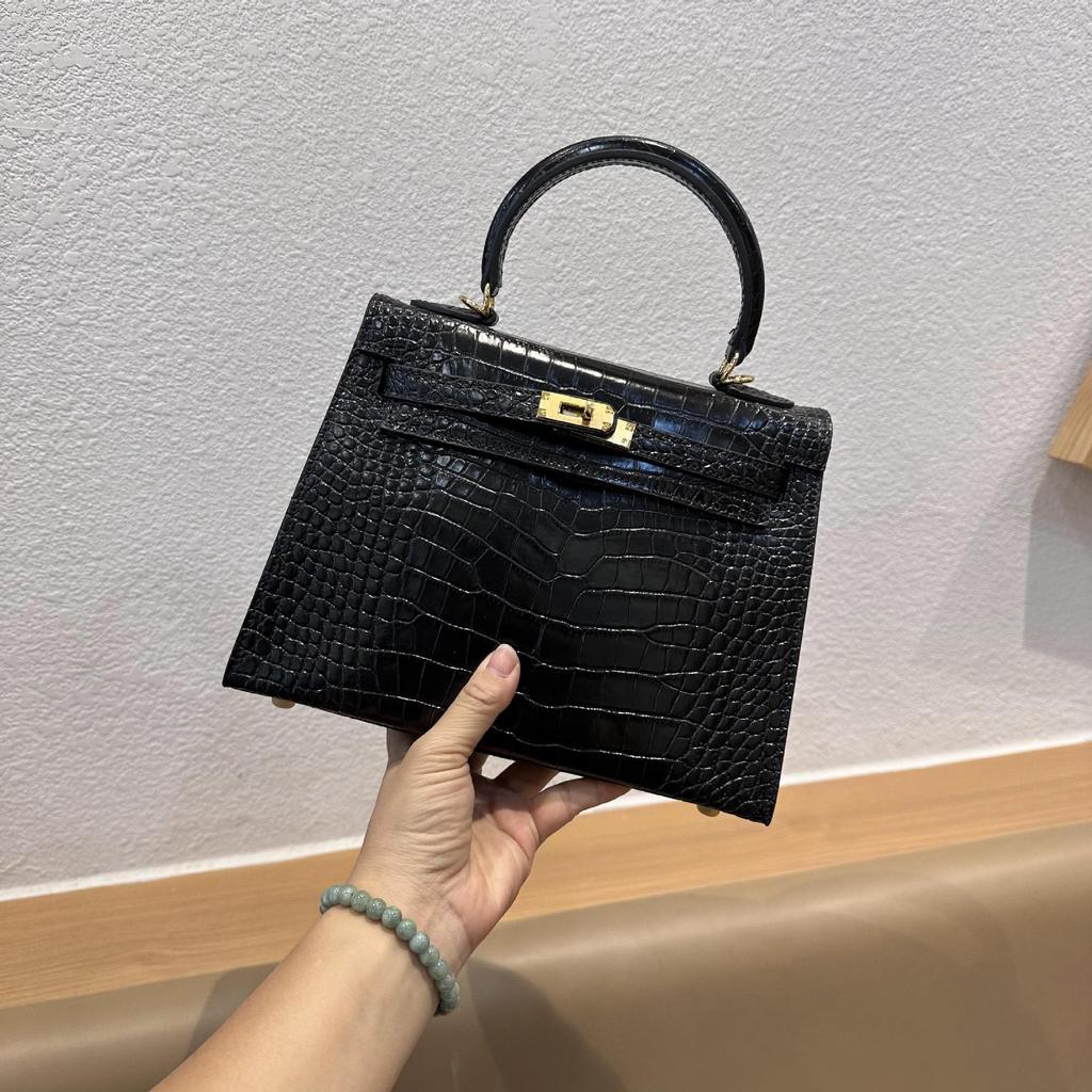 Crocodile Pattern Kelly Bag, Women's New Fashionable and Versatile Second Generation Mini Leather Shoulder Cross Carrying Bag