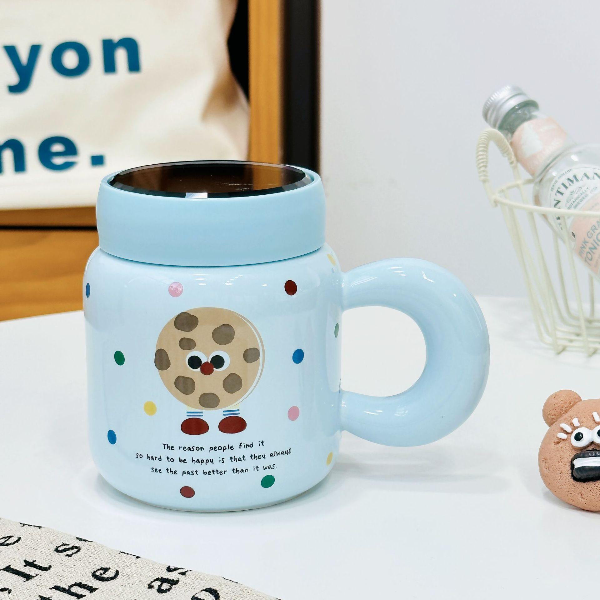 

Girls Cute Ceramic Cup Household Suit Mug Small Monster Water Cup Mirror Cup with Lid Simple and High Appearance 480ML