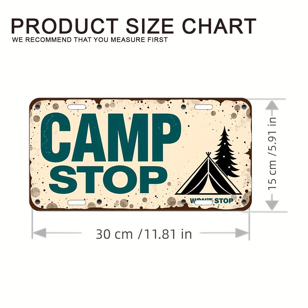 

D Flat Vintage CAMP STOP Tent and Pine Tree Design Aluminum Tin Painting License Plate Shape Outdoor Camping Themed Metal Wa 15x30cm(5.9x7.8inch)