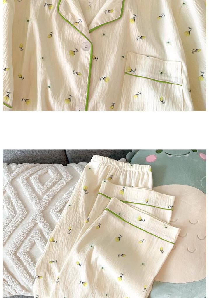 Women's Sweet Summer Pajama Set: Girly Gauze Short-Sleeve Top, Long Pants & Outerwear
