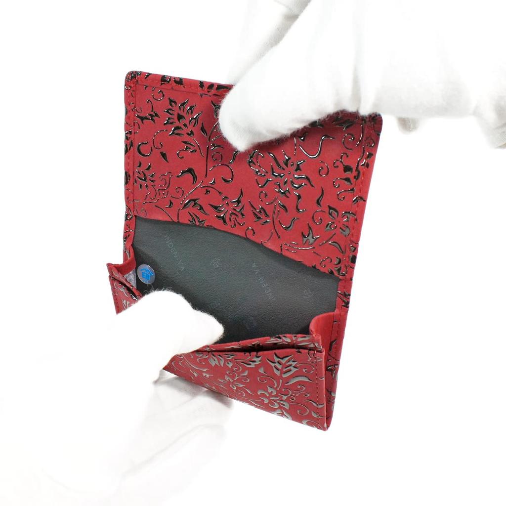 Indenya Business Card Case 2501-3041, Red Deer Leather with Black Lacquer, Floral Arabesque Pattern 2501-03-041