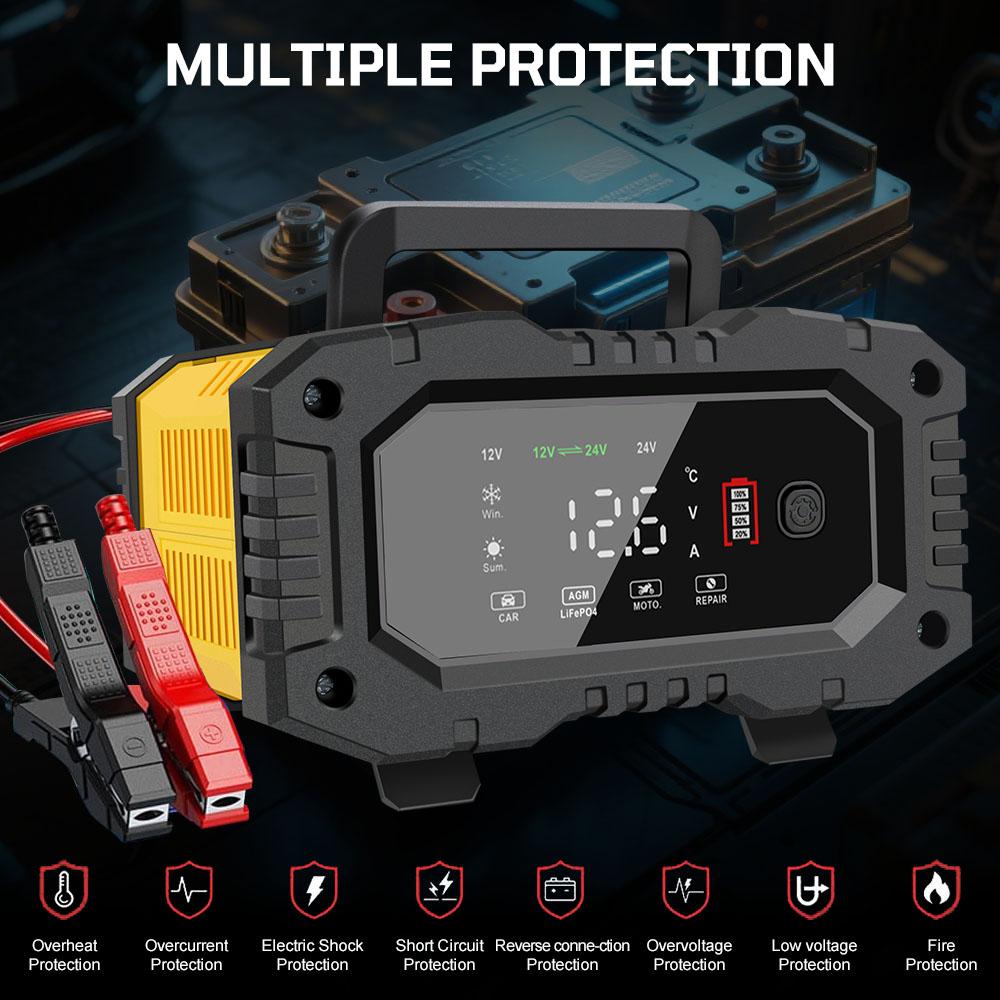 Digital Display Screen Quick Charge Car Motorcycle Battery Charger 7-stage For AGM GEL SLA Lead-Acid LiFePO4 Smart Battey Charger Handheld 12V-24V