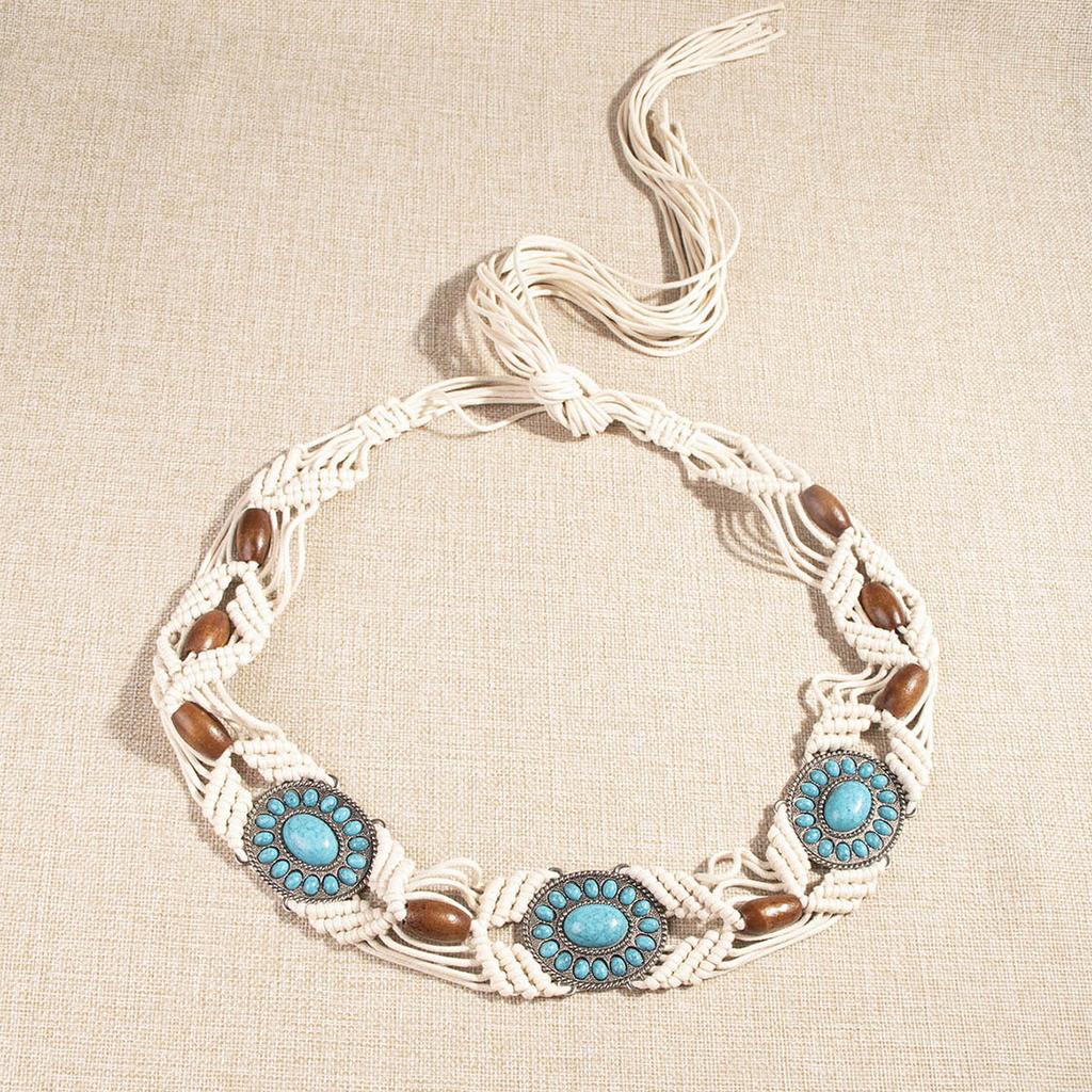 New Middle Eastern Boho Alloy Turquoise Resin Beads Weaving Knotted Ethnic Style Women's Waist Rope