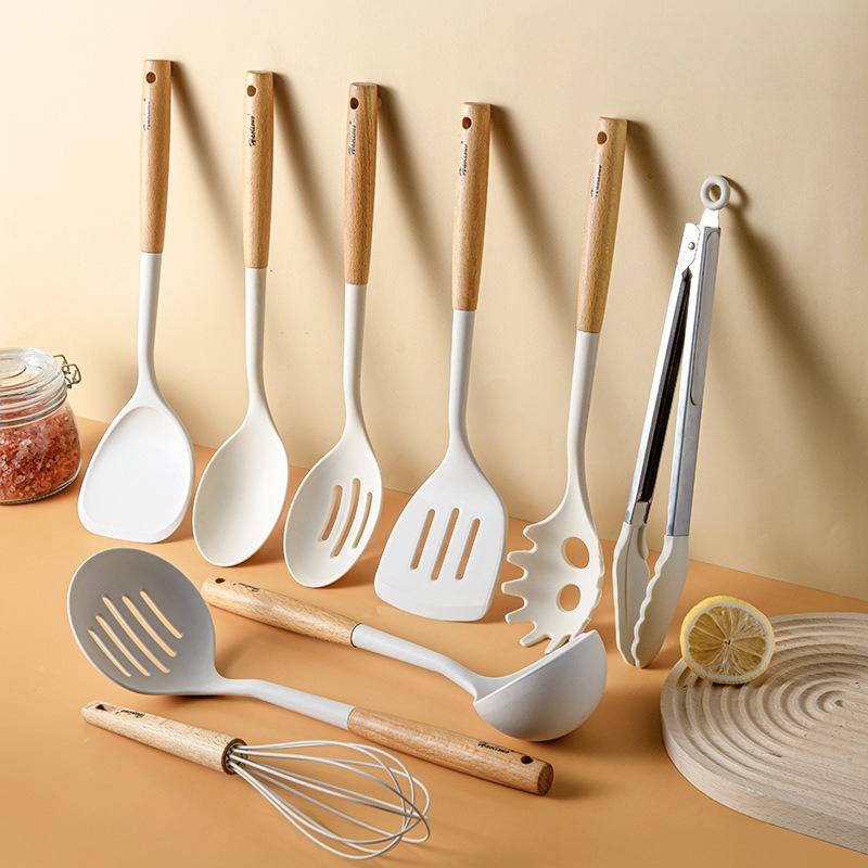 Large Beech Wood Handle Silicone Kitchen Utensils: Silicone Spatula, Spoon, and Stir-Fry Spatula Set for Non-Stick Pans