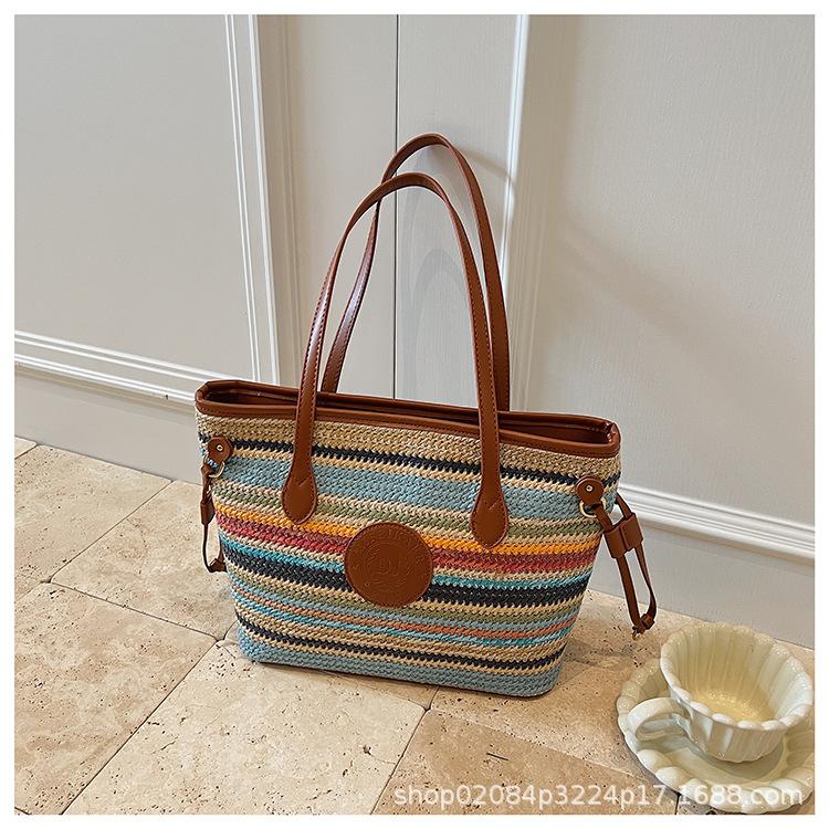 

2025 new straw striped rainbow large capacity fashion woven women tote bag handbag shoulder bag небесно-голубой