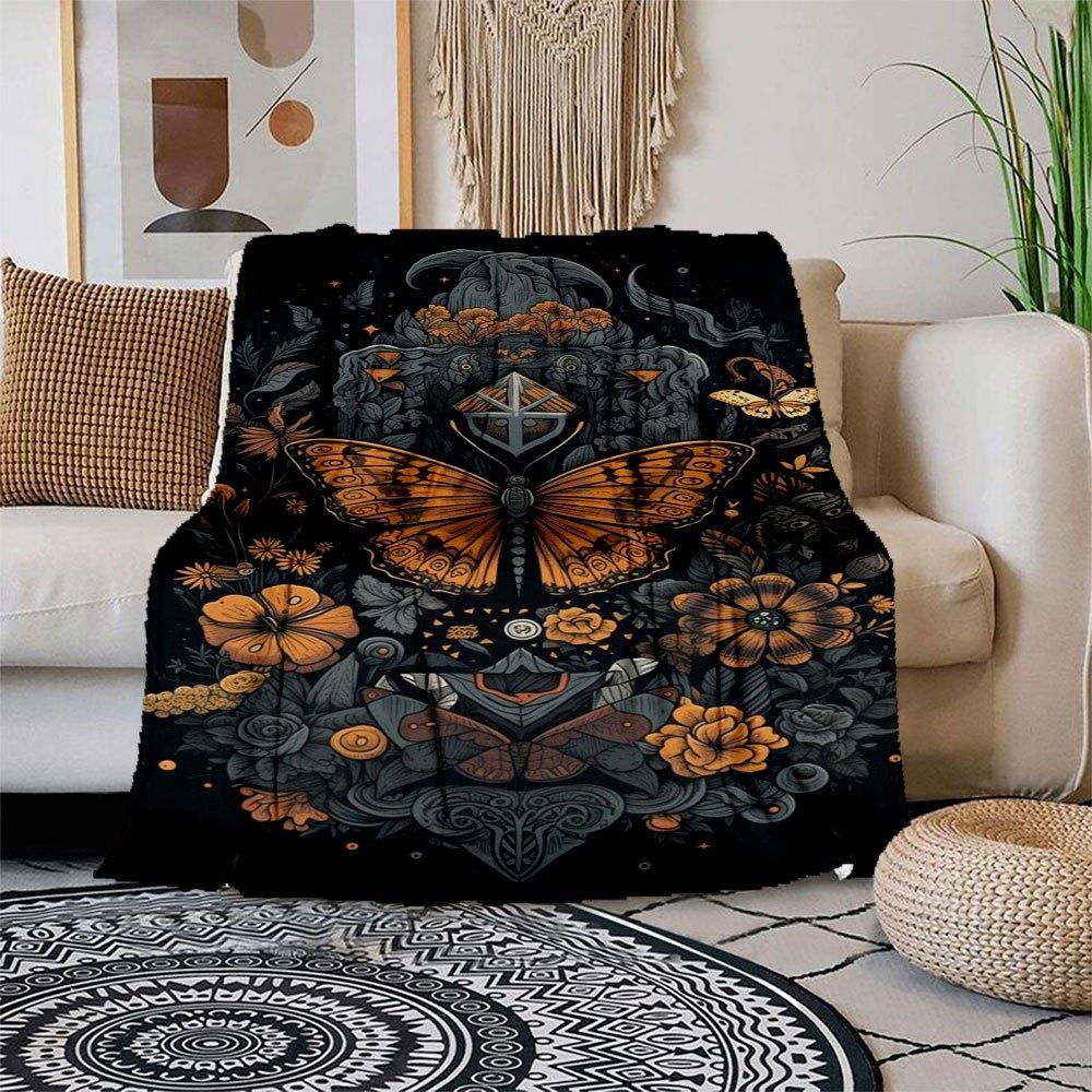 

Monarch Butterfly & Floral Illustration Wall Art Print Blanket Flannel Throw Blanket for Sofa, Bed, Travel, Camping, Office, Couch, Chair, 150x180cm