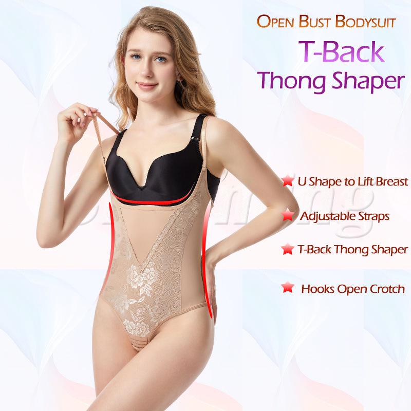 Body con spalline sottili in pizzo, schiena a T, con sostegno al seno e modellante in vita