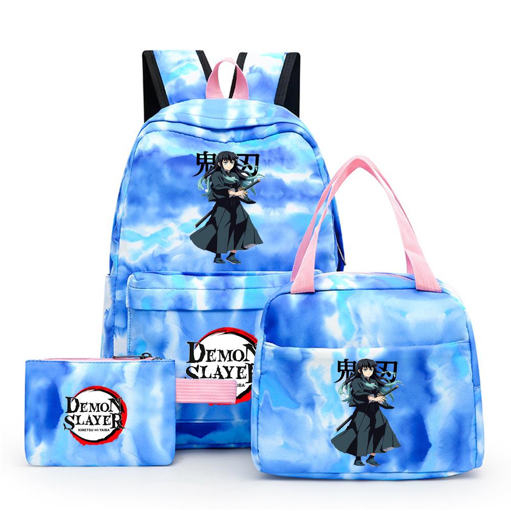 3Pcs/set Anime Demon Slayer Printed Backpack with Lunch Bag Pencil Case for Teenager Waterproof Bookbag Travel Bag Gift