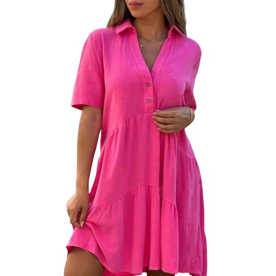 Abito Estivo da Donna Scollo a V Revers Plissettato Orlo Patchwork Tinta Unita Ampio A-line Ampio Giro Maniche Corte Lunghezza Ginocchio Abito Midi