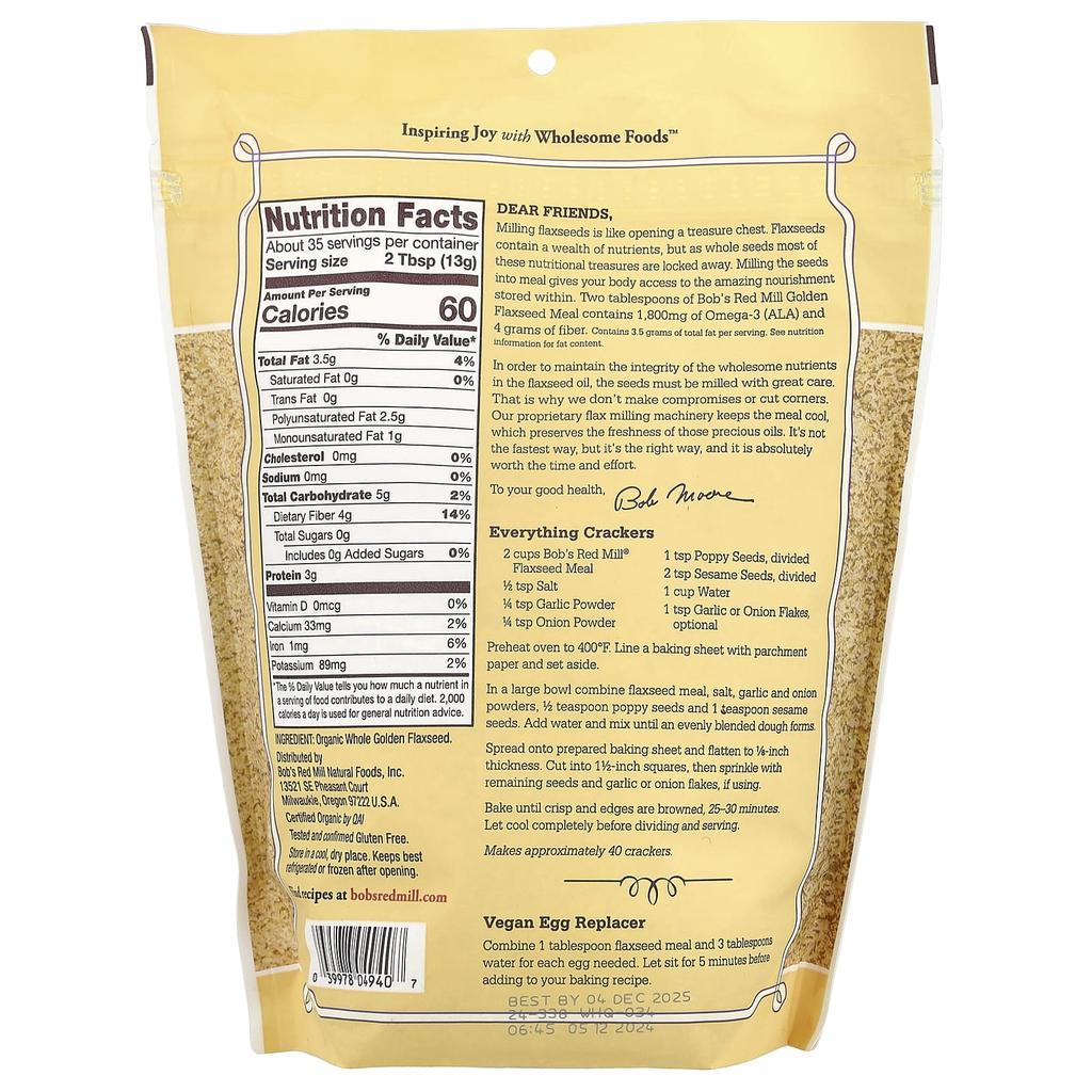 Bob'S Red Mill, Organic Golden Flaxseed Meal, 16 oz (453 G)