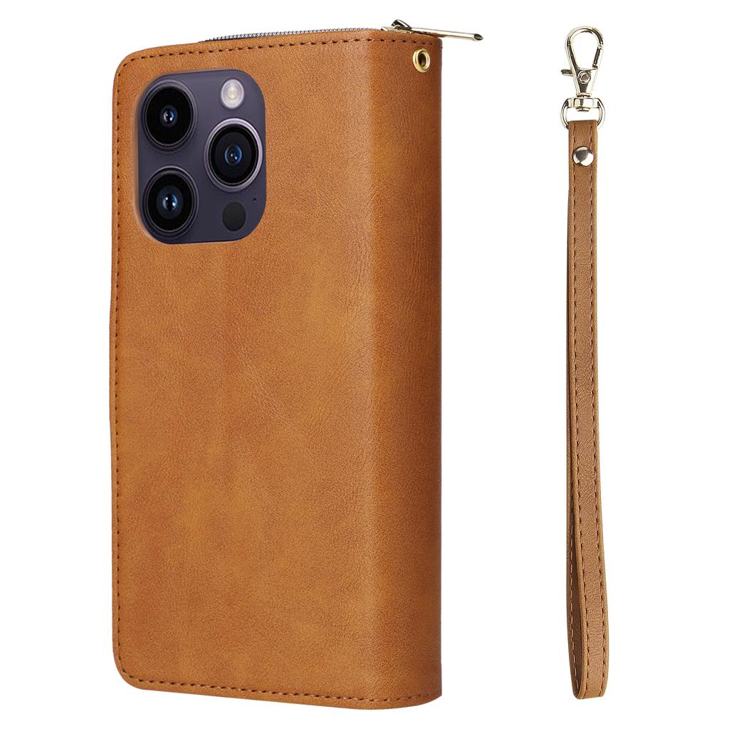 For iPhone 15 Pro Cases 9 Card Slots PU Leather Wallet Zippered Phone Stand Cover