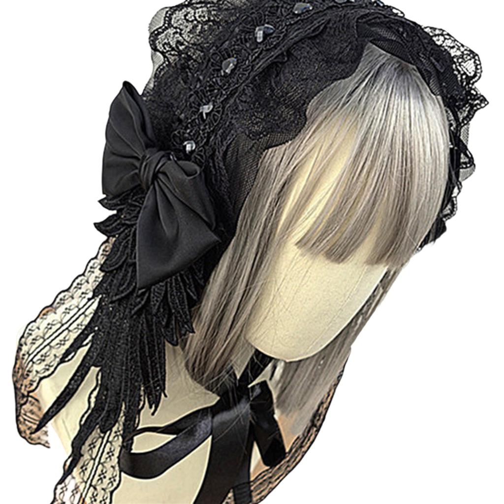 Gothic Punk Lace Bowknot Headband With Crosses Wing Designs Hair Accessory for Women Girls Cosplay Event Outfits