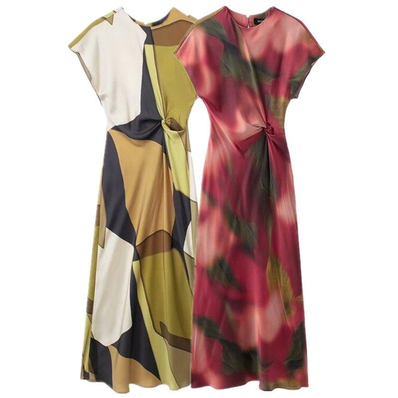 2024 Summer New Arrival Elegant Silm Short Sleeve Bow Tie Silk Satin Texture Print Midi Skirt Dress 2454163