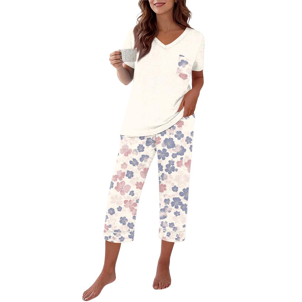 Women Casual Loose Fit Short Sleeve V Neck T Shirt and Cropped Pants Set Lightweight Soft Fabric Comfortable Loungewear Pajama Set