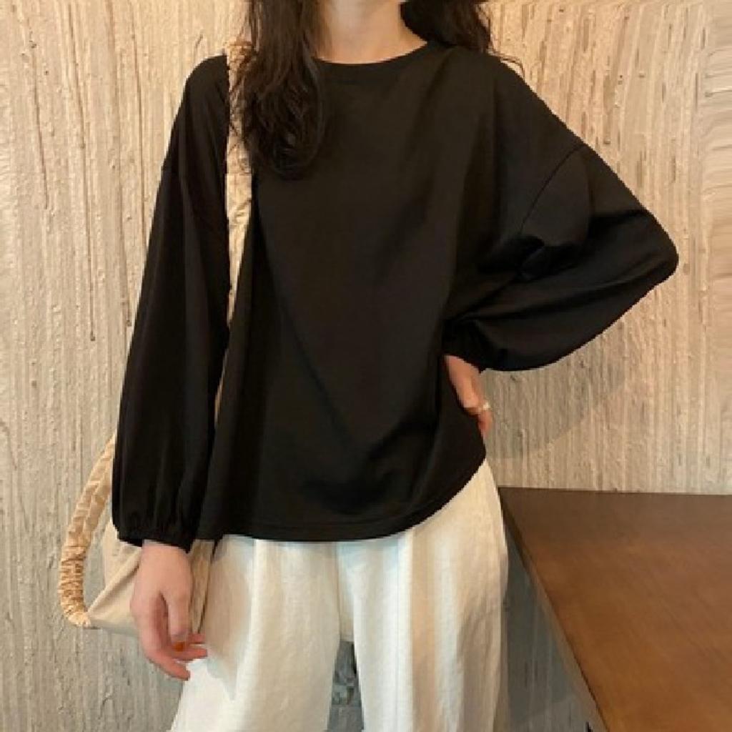 Women's Crew Neck Long Sleeve Tunic Top Loose Fit Solid Color Casual Lantern Sleeve Tops