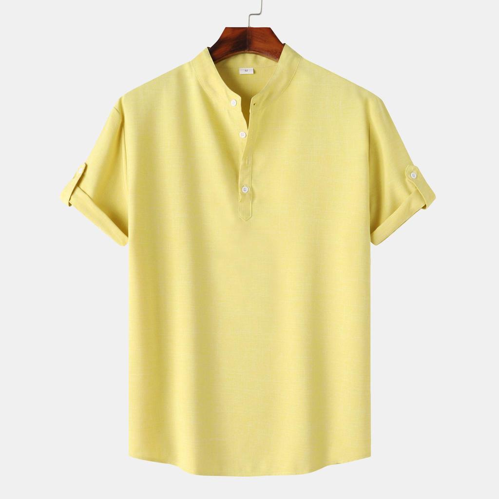 Men's Slim-Fit Stand-Up Collar Solid Color Short-Sleeve Shirt, 2024 Spring/Autumn Collection