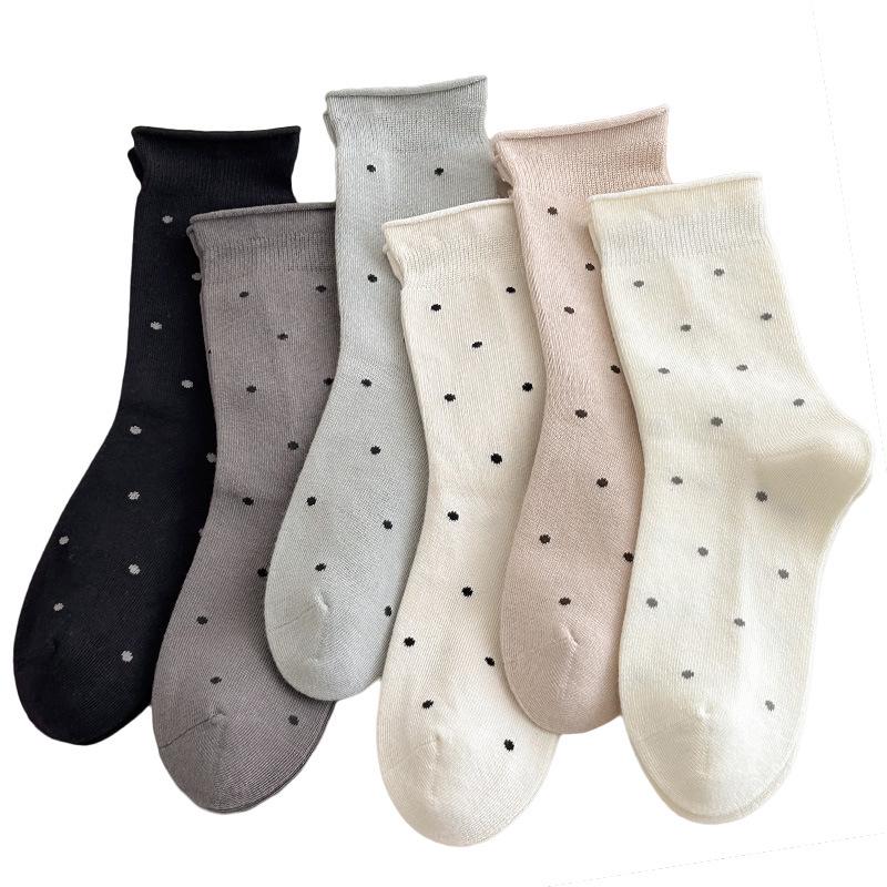 Women's Fall Ballet-Style Polka Dot Mid-Calf Cotton Scrunch Socks with Rolled Edge