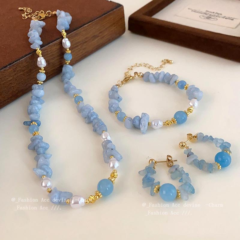 

Pearl & Aquamarine Clavicle Necklace Set - Fresh, Sweet & Elegant Jewelry Collection