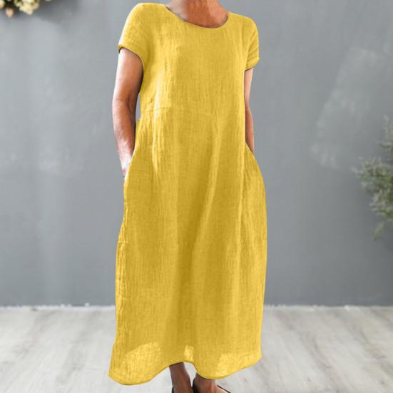 Damenkleid, locker sitzend, Rundhalsausschnitt, einfarbig, kurze Ärmel, maschinenwaschbar, dekoratives Rundhalskleid aus Baumwollflachs