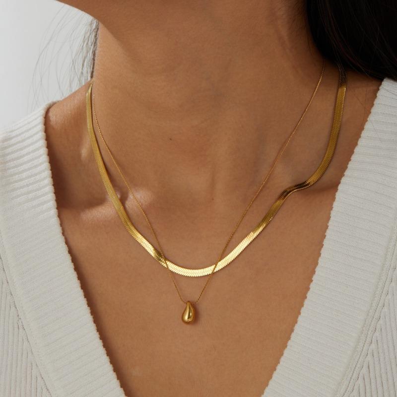 Gold Plated Layered Herringbone Chain Teardrop Pendant Necklace