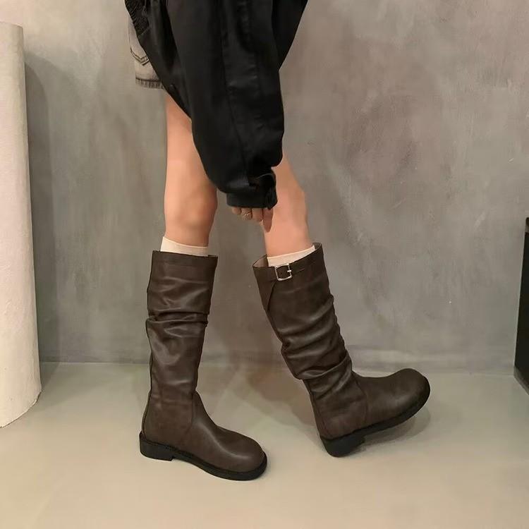 But knee long British knight boots retro western cowboy boots Korean boots slim pleated pile boots women