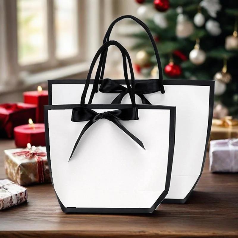 Portable Shopping Handbag White Cardboard Paper Tote With Black Border Gift Packing Bags Large Capacity Sundries Storage
