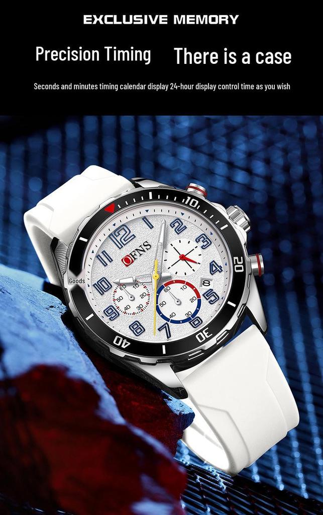 OFNS Men's Waterproof Quartz Chronograph with Silicone Strap and Steel Band, Business Calendar, and Small Second Display.