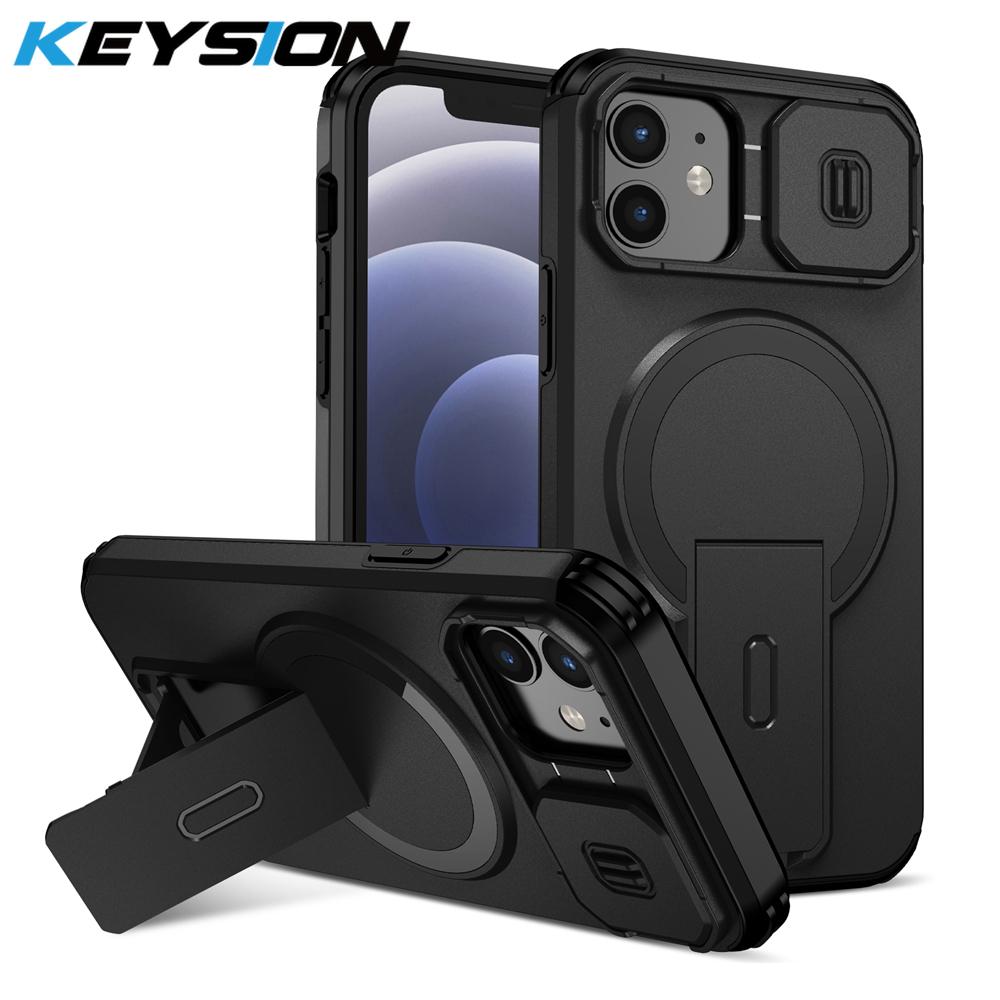 KEYSION Shockproof Magnetic Case for iPhone 11 12 Pro Max Slide Camera Lens Protect Kickstand Wireless Charging Phone Back Cover