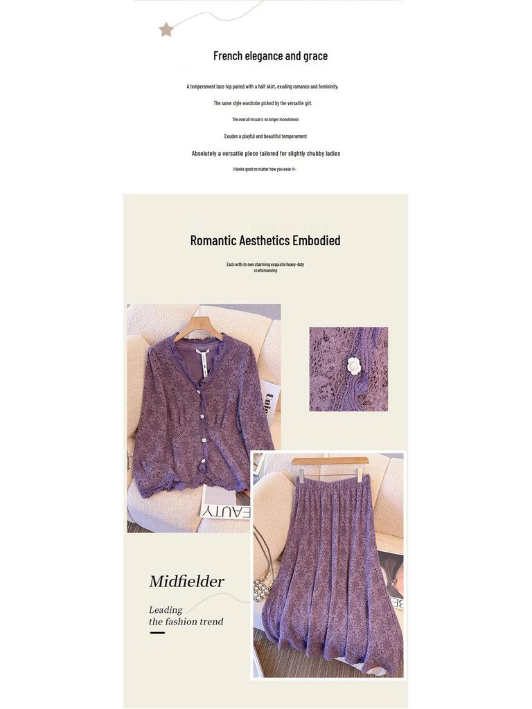 Plus Size Women's Elegant Purple Lace Top & Skirt Set for Spring/Autumn (130-300 Jin)