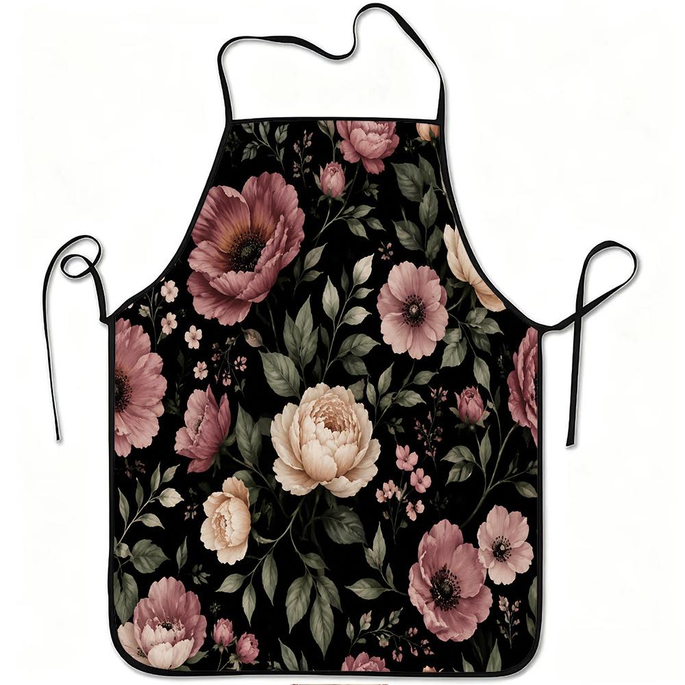 1pc Vintage Floral Peony And Rose Print Apron, Durable And Easy To Clean, Adjustable Waistband, Polyester Material, for Kitchen Cooking, Gardening, Or