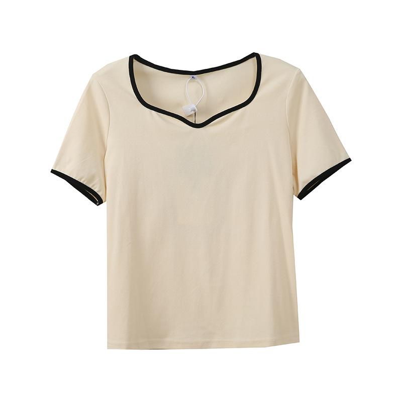 Large size women's clothing design sense V-neck short-sleeved T-shirt spring and summer new front shoulder elastic top 121984