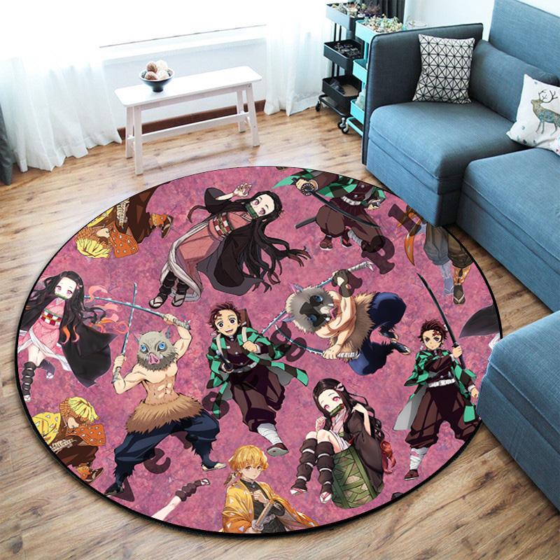 Classic Japanese-style Cartoon Demon Slayer Round Rug, Home Soft Decorative Anti-slip Yoga Mat and Chair Mat, Outdoor Floor Mat Carpet K24