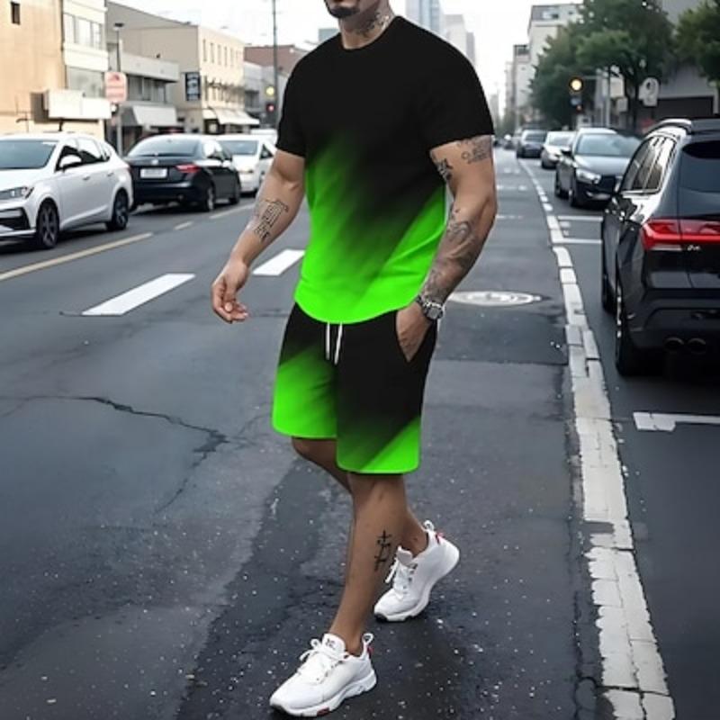 

Мужские комплекты из 2 футболок с градиентом, летние топы с коротким рукавом, короткие брюки с круглым вырезом, для спорта и отдыха, повседневные, повседневные, с 3D-принтом, летние, зеленые, красные, синие 2XL