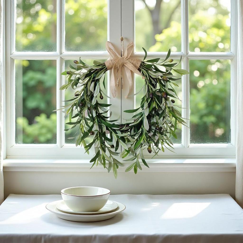 Artificial Olive Garland with Greenery Leaves – Faux Olive Wreath for Front Door, Farmhouse Wall Decor, Hanging Green Wreath for Window or Wedding