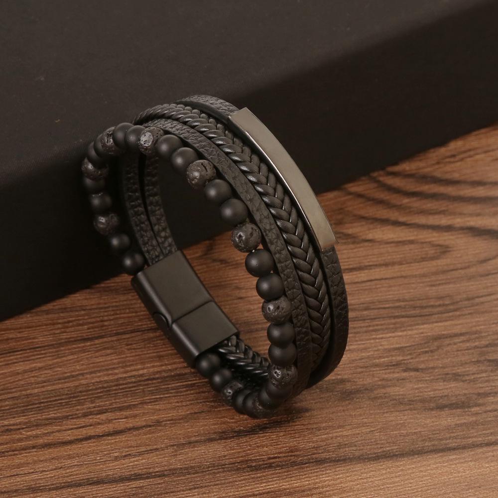 Men's Black Obsidian Beaded Bracelet with Alloy Buckle and Leather Weave
