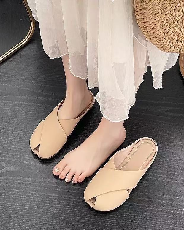 Holiday Outing~ Summer Cross Belt Hollow Low Heel Outer Wear Women's Cool Slippers Casual Thick Heel Lazy Half Drag