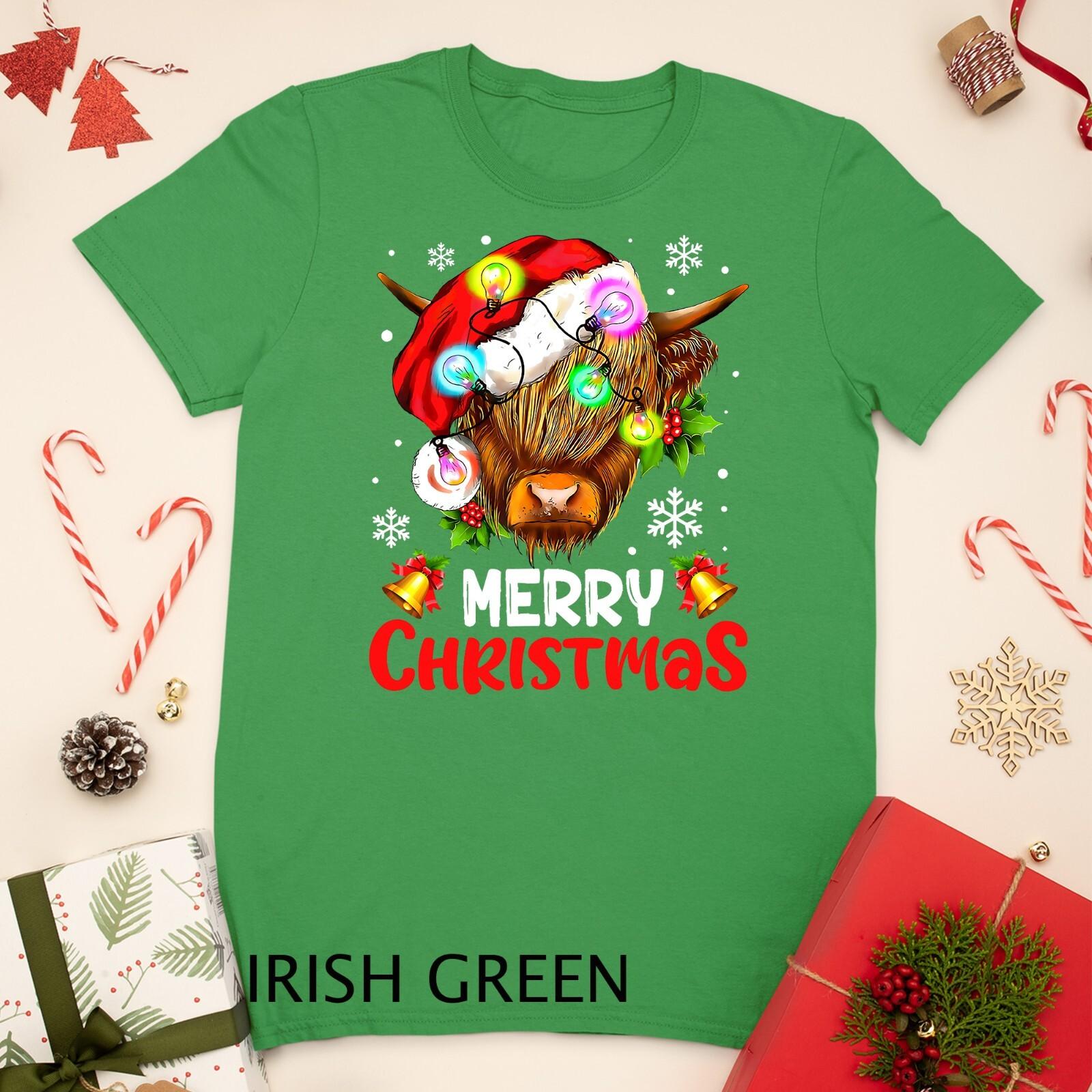 Merry Christmas Highland Cow Western Santa Hat Xmas Pajamas Unisex T-Shirt Mens Womens Tees Top 4XL