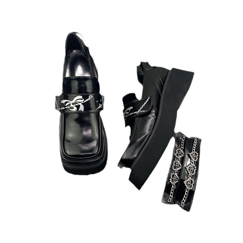 Small Leather Shoes Spring And Summer British Style Square Head Platform Muffin Loafers Women'S Detachable Chain Single Shoes