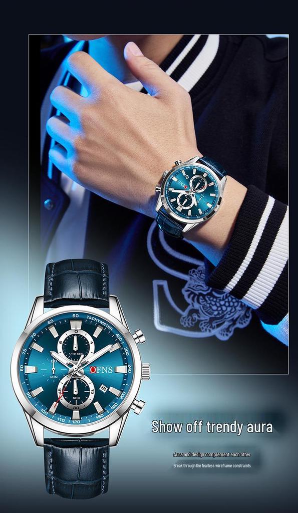 OFNS 3D Sun Dial Quartz Watch: Luminous, Waterproof, Multifunctional Men's Timepiece with Three-Eye, Six-Needle Design and Calendar.