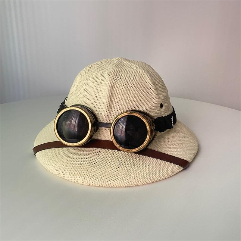 

Vintage Steampunk Explorer Safety Helmet with Goggles Sun Protection Straw Equestrian Bowler Hat Cowboy Hat for Men Women белый