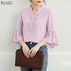 Women Casual V-Neck Solid Color Ruffles 3/4 Sleeve Loose Blouse