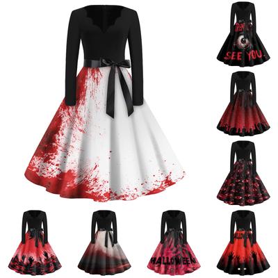 Women's Casual V-Neck Vintage Halloween Print Dress for Party and Daily Wear