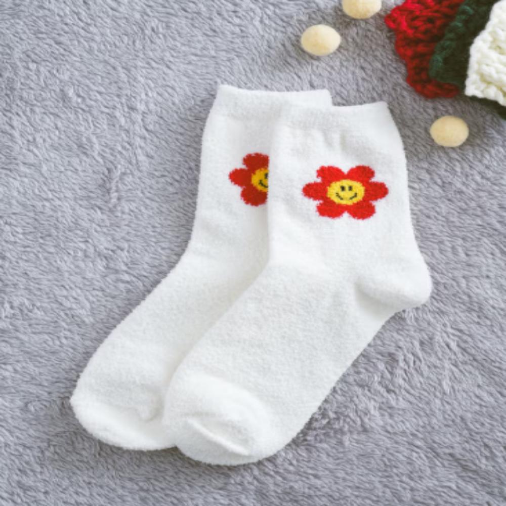 

Cozy Petal Comfort: Flower Embroidery Plush Sleep Socks – White Edition