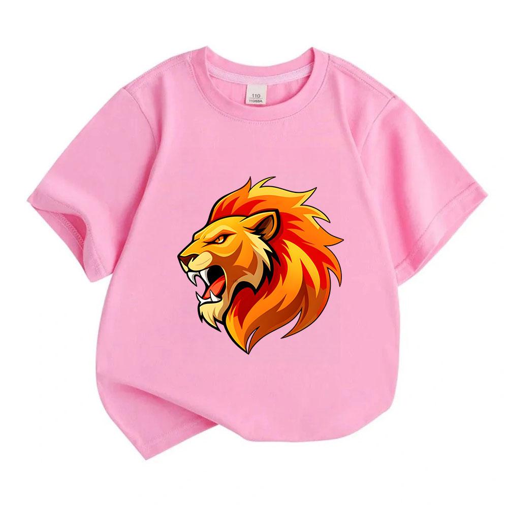 Kids Boys Girls Crew Neck Short Sleeve 100% Cotton T-Shirt, Cool Roaring Fire Lion Head Graphic Casual Soft Summer Tees Tops for Children Daily Wear