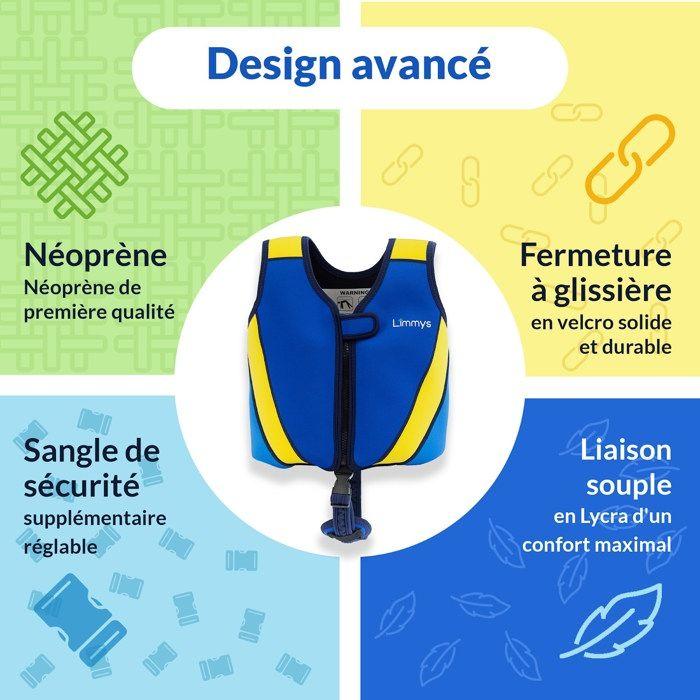 Limmys Gilet de Natation en Néoprène Premium - Gilet de Sauvetage pour Enfants - 8 Flotteurs Amovibles - Bleu Royal - Grand