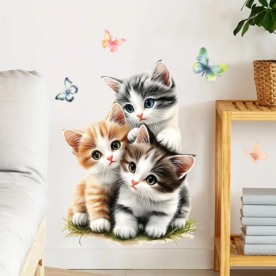 3D Cute Cartoon Kitten with Butterfly Wall Stickers, Healing Style Self-Adhesive Decor for Kids Room Decoration
